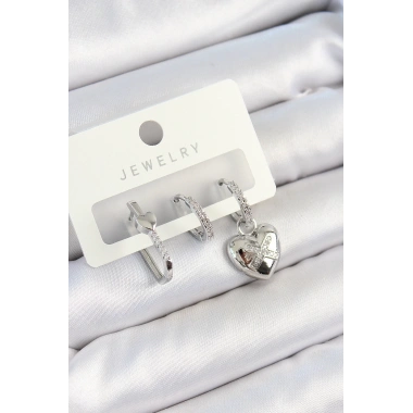 Pirinç Zirkon Taşlı Kalp Model Gümüş Renk 3lü Çift Kadın Küpe Set