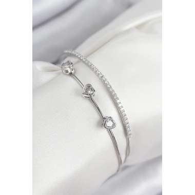 Pirinç Zirkon Taşlı Kalp Model Gümüş Renk Kadın Bileklik