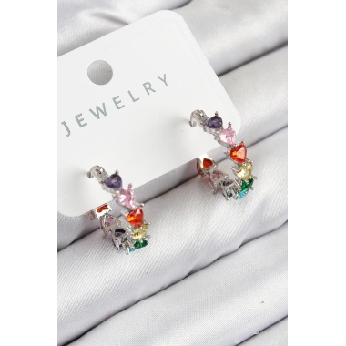 Pirinç Zirkon Taşlı Kalp Model Gümüş Renk Kadın Küpe