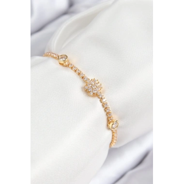 Pirinç Zirkon Taşlı Kar Tanesi Model Gold Renk Asansörlü Kadın Bileklik