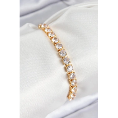 Pirinç Zirkon Taşlı Kare Model Gold Renk Asansörlü Kadın Bileklik