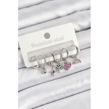 Pirinç Zirkon Taşlı Karpuz Yonca Kalp Pusula Karışık Model Gümüş Renk 6lı Set Kadın Küpe