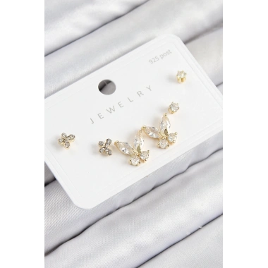 Pirinç Zirkon Taşlı Kelebek Model Gold Renk 925 Ayar Gümüş Çivi Kadın Küpe Set