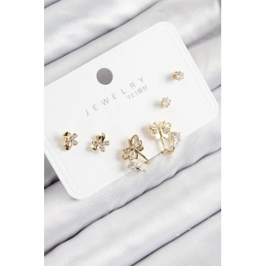 Pirinç Zirkon Taşlı Kelebek Model Gold Renk 925 Ayar Gümüş Çivi Kadın Küpe Set
