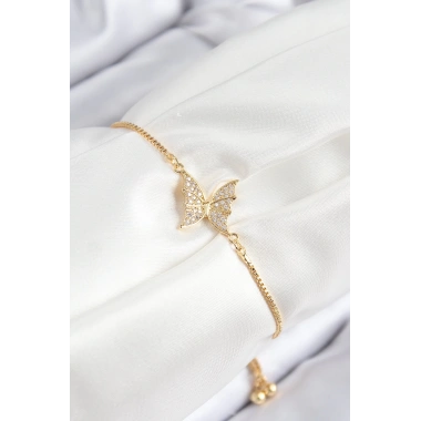 Pirinç Zirkon Taşlı Kelebek Model Gold Renk Asansörlü Kadın Bileklik