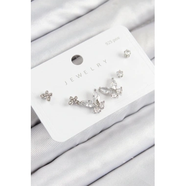 Pirinç Zirkon Taşlı Kelebek Model Gümüş Renk 925 Ayar Gümüş Çivi Kadın Küpe Set