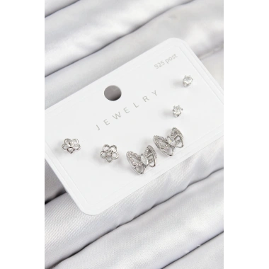 Pirinç Zirkon Taşlı Kelebek Model Gümüş Renk 925 Ayar Gümüş Çivi Kadın Küpe Set