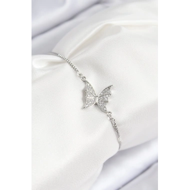 Pirinç Zirkon Taşlı Kelebek Model Gümüş Renk Asansörlü Kadın Bileklik