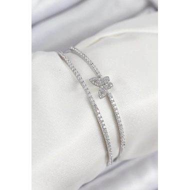 Pirinç Zirkon Taşlı Kelebek Model Gümüş Renk Kadın Bileklik