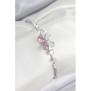 Pirinç Zirkon Taşlı Kelebek Model Gümüş Renk Kadın Bileklik