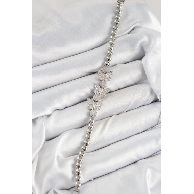 Pirinç Zirkon Taşlı Kelebek Model Gümüş Renk Kadın Bileklik