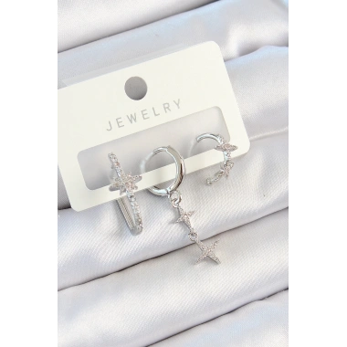 Pirinç Zirkon Taşlı Kelebek Ve Sallantılı Yıldız Model Gümüş Renk 3lü Çift Kadın Küpe Set