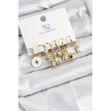 Pirinç Zİrkon Taşlı Kelebek ve Yıldız Model Gold Renk 3lü Çift Kadın Küpe