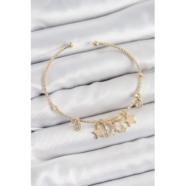Pirinç Zirkon Taşlı Kelebek Ve Yıldız Model Gold Renk Charm Bileklik