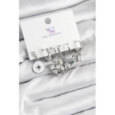 Pirinç Zİrkon Taşlı Kelebek ve Yıldız Model Gümüş Renk 3lü Çift Kadın Küpe