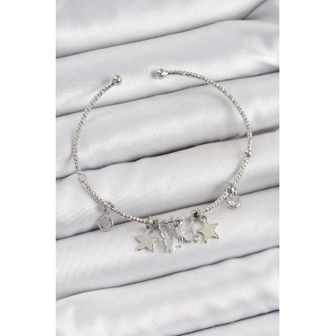 Pirinç Zirkon Taşlı Kelebek Ve Yıldız Model Gümüş Renk Charm Bileklik