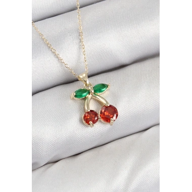 Pirinç Zirkon Taşlı Kiraz Model Gold Renk Kadın Kolye