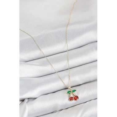 Pirinç Zirkon Taşlı Kiraz Model Gold Renk Kadın Kolye
