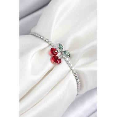 Pirinç Zirkon Taşlı Kiraz Model Gümüş Renk Asansörlü Kadın Bileklik