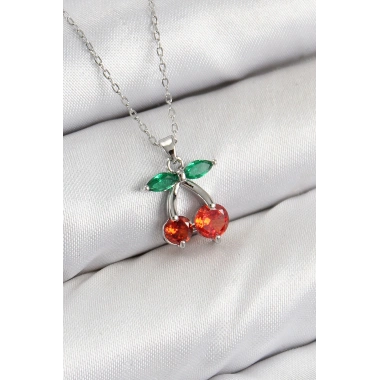 Pirinç Zirkon Taşlı Kiraz Model Gümüş Renk Kadın Kolye