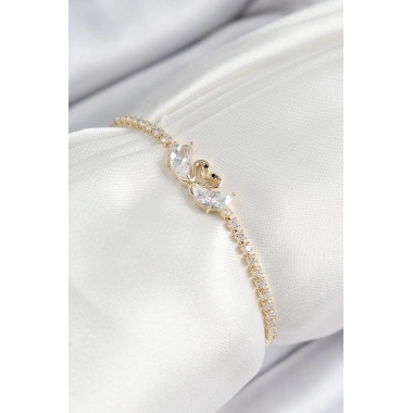 Pirinç Zirkon Taşlı Kuğu Model Gold Renk Asansörlü Kadın Bileklik