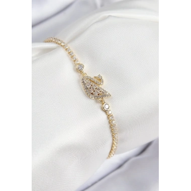 Pirinç Zirkon Taşlı Kuğu Model Gold Renk Kadın Bileklik