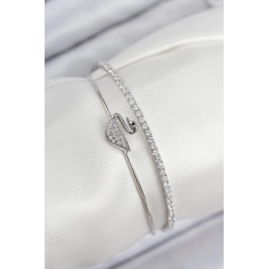 Pirinç Zirkon Taşlı Kuğu Model Gümüş Renk Kadın Bileklik