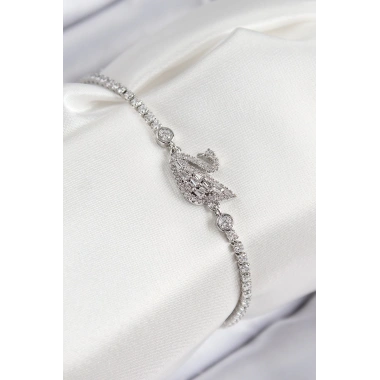 Pirinç Zirkon Taşlı Kuğu Model Gümüş Renk Kadın Bileklik