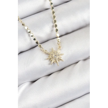 Pirinç Zirkon Taşlı Kutup Yıldızı Model Ezme Zincir Gold Renk Kadın Kolye