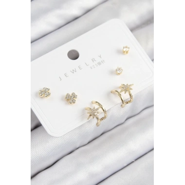 Pirinç Zirkon Taşlı Kutup Yıldızı Model Gold Renk 925 Ayar Gümüş Çivi Kadın Küpe Set