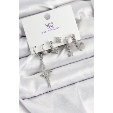 Pirinç Zİrkon Taşlı Kutup Yıldızı Model Gümüş Renk 3lü Çift Kadın Küpe