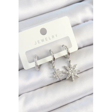Pirinç Zirkon Taşlı Kutup Yıldızı Model Gümüş Renk 3lü Çift Kadın Küpe Set