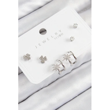 Pirinç Zirkon Taşlı Kutup Yıldızı Model Gümüş Renk 925 Ayar Gümüş Çivi Kadın Küpe Set