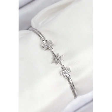 Pirinç Zirkon Taşlı Kutup Yıldızı Model Gümüş Renk Kadın Bileklik