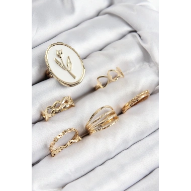 Pirinç Zirkon Taşlı Lale Model Gold Renk Kadın Yüzük Kombin Set