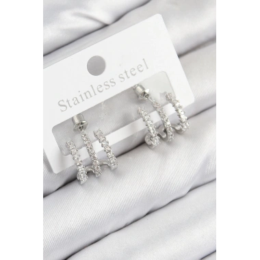 Pirinç Zirkon Taşlı Model Gümüş Renk Kadın Küpe