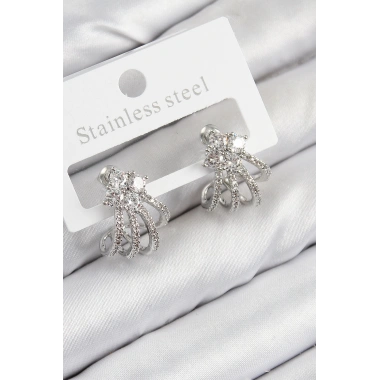 Pirinç Zirkon Taşlı Model Gümüş Renk Kadın Küpe