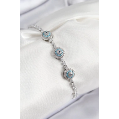 Pirinç Zirkon Taşlı Nazar Model Gümüş Renk Kadın Bileklik