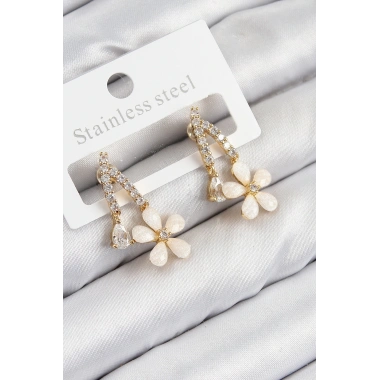 Pirinç Zirkon Taşlı Papatya Model Gold Renk Kadın Küpe