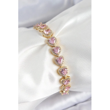 Pirinç Zirkon Taşlı Pembe Kalp Baget Model Gold Renk VIP Seri Kadın Bileklik