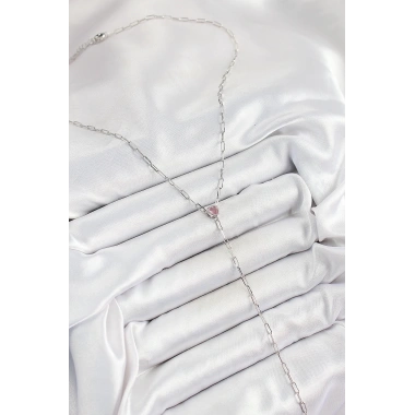 Pirinç Zirkon Taşlı Pembe Kalp Figürlü Y Model Gümüş Renk Kadın Kolye