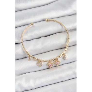 Pirinç Zirkon Taşlı Pembe Kalp Model Gold Renk Charm Bileklik