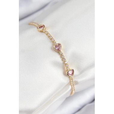 Pirinç Zirkon Taşlı Pembe Kalp Model Gold Renk Kadın Bileklik