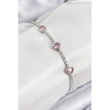 Pirinç Zirkon Taşlı Pembe Kalp Model Gümüş Renk Kadın Bileklik