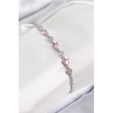 Pirinç Zirkon Taşlı Pembe Kalp Model Gümüş Renk Kadın Bileklik