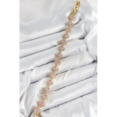 Pirinç Zirkon Taşlı Pembe Yonca Baget Model Gold Renk VIP Seri Kadın Bileklik