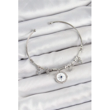Pirinç Zirkon Taşlı Pusula Model Gümüş Renk Charm Bileklik