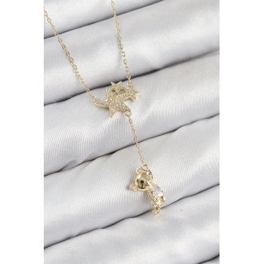 Pirinç Zirkon Taşlı Sallantılı Ayıcıklı Yıldız Model Gold Renk Kadın Kolye