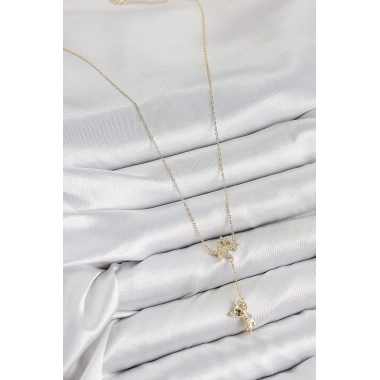Pirinç Zirkon Taşlı Sallantılı Ayıcıklı Yıldız Model Gold Renk Kadın Kolye