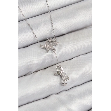 Pirinç Zirkon Taşlı Sallantılı Ayıcıklı Yıldız Model Gümüş Renk Kadın Kolye
